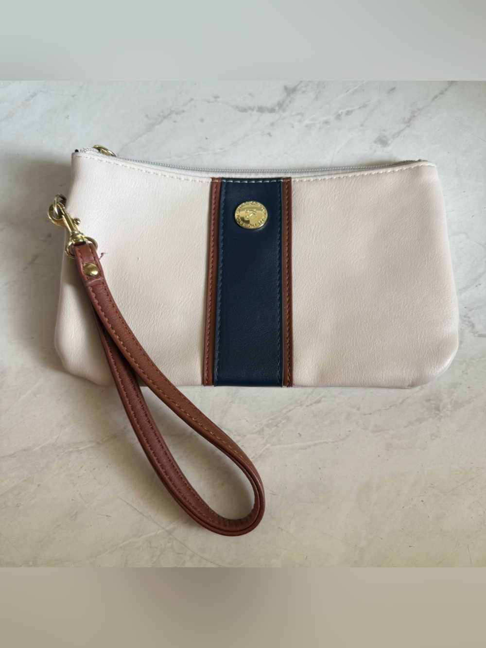 Stone Mountain Accessories Cream Wristlet with Navy Stripe and Brown Trim